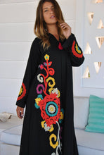 Load image into Gallery viewer, Black Flower Embroidered Caftan with Tassels