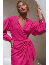 Load image into Gallery viewer, Hot Pink Linen Wrap Dress
