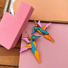 Load image into Gallery viewer, Glam Hummingbird Hoop Earrings Orange + Turquoise + Hot Pink
