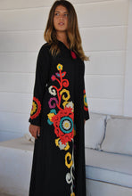 Load image into Gallery viewer, Black Flower Embroidered Caftan with Tassels
