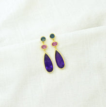 Load image into Gallery viewer, Triple Gemstone Drop Earrings - Purple Amethyst &amp; Blue Iolite
