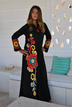 Load image into Gallery viewer, Black Flower Embroidered Caftan with Tassels
