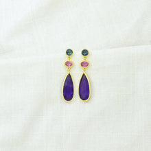 Load image into Gallery viewer, Triple Gemstone Drop Earrings - Purple Amethyst &amp; Blue Iolite
