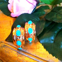Load image into Gallery viewer, Kenneth Jay Lane Gold Hoop Earrings with Turquoise Cabachons

