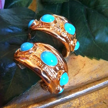 Load image into Gallery viewer, Kenneth Jay Lane Gold Hoop Earrings with Turquoise Cabachons
