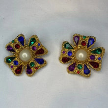 Load image into Gallery viewer, Gem and Faux Pearl Encrusted Gold Cross Clip Earrings
