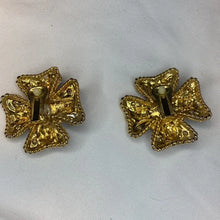 Load image into Gallery viewer, Gem and Faux Pearl Encrusted Gold Cross Clip Earrings
