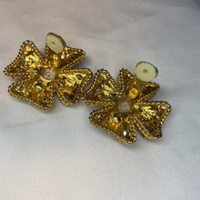 Load image into Gallery viewer, Gem and Faux Pearl Encrusted Gold Cross Clip Earrings

