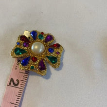 Load image into Gallery viewer, Gem and Faux Pearl Encrusted Gold Cross Clip Earrings
