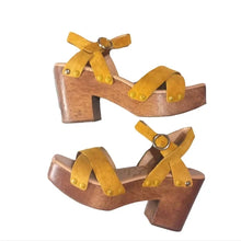 Load image into Gallery viewer, Sam Edelman Mustard Suede Platform Wood Sandals - Size 9
