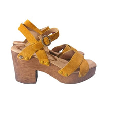 Load image into Gallery viewer, Sam Edelman Mustard Suede Platform Wood Sandals - Size 9
