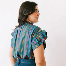Load image into Gallery viewer, Teal Striped Ruffle Sleeve Cotton Top
