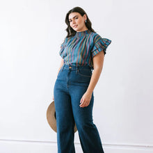 Load image into Gallery viewer, Teal Striped Ruffle Sleeve Cotton Top

