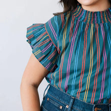 Load image into Gallery viewer, Teal Striped Ruffle Sleeve Cotton Top
