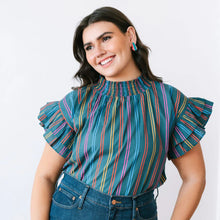 Load image into Gallery viewer, Teal Striped Ruffle Sleeve Cotton Top
