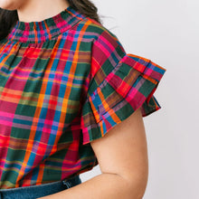 Load image into Gallery viewer, Cotton Poplin Fall Plaid Ruffle Sleeve Top
