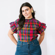 Load image into Gallery viewer, Cotton Poplin Fall Plaid Ruffle Sleeve Top

