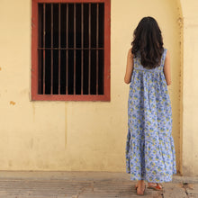 Load image into Gallery viewer, Cotton Block Print Dress in Blue &amp; Yellow
