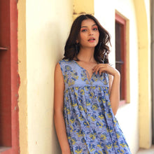 Load image into Gallery viewer, Cotton Block Print Dress in Blue &amp; Yellow
