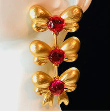 Load image into Gallery viewer, Catwalk Jon Gold Triple Bows Pink Stones Earrings
