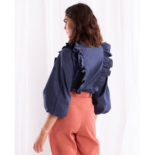Load image into Gallery viewer, Navy 3/4 Sleeve Ruffle Blouse
