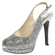 Load image into Gallery viewer, Stuart Weitzman Silver Glitter Peep Toe Sling Backs Platforms- 8.5
