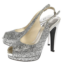 Load image into Gallery viewer, Stuart Weitzman Silver Glitter Peep Toe Sling Backs Platforms- 8.5
