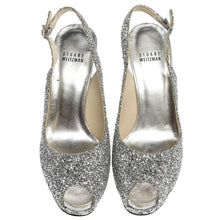 Load image into Gallery viewer, Stuart Weitzman Silver Glitter Peep Toe Sling Backs Platforms- 8.5
