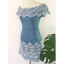 Load image into Gallery viewer, Lulumari Eyelet Off Shoulder Blue Dress - Small

