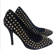 Load image into Gallery viewer, Steve Madden Black Suede Gold Spikes Heels - 9.5
